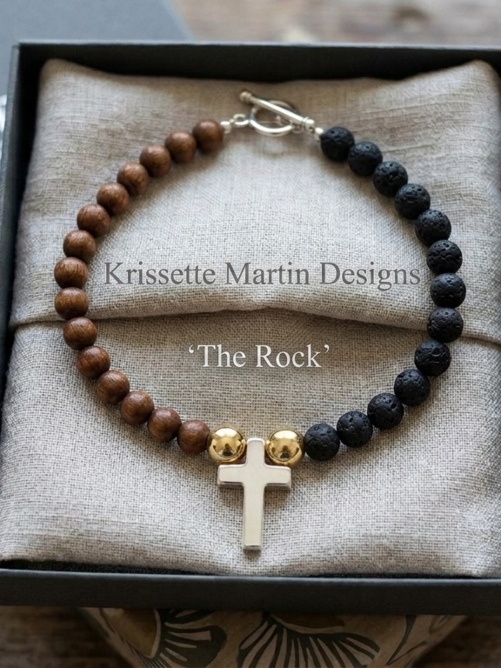 Krissette Martin Designs | ‘The Rock’ Beaded Bracelet LAVA ROCK SILVER CROSS